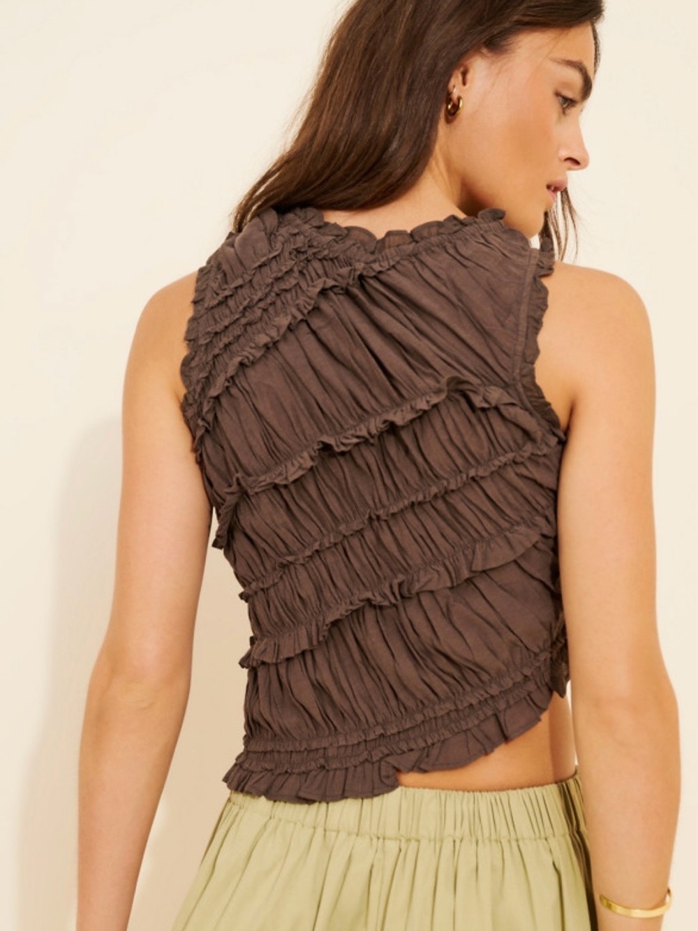 Free People Pink Sands Smocked Top Chocolate Brown Ruched Ruffle